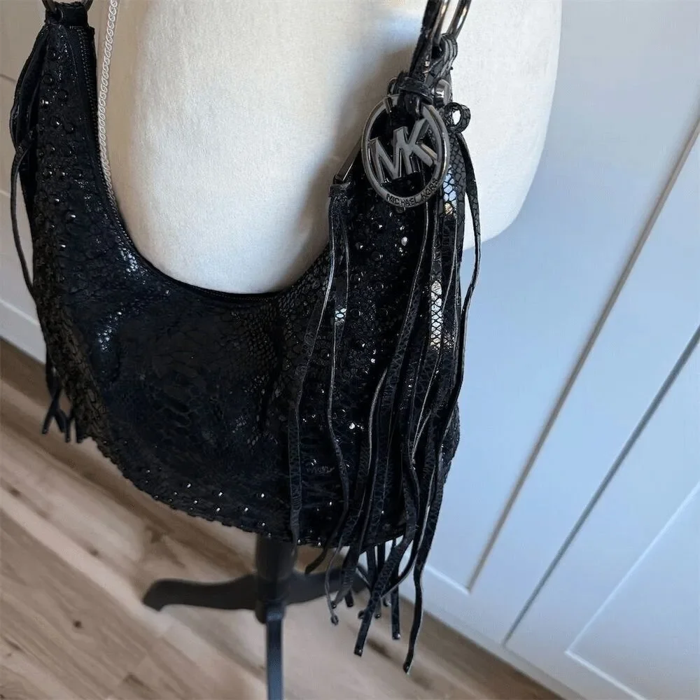 MK Rhea Chrystal Black Snake Studded Hobo Crossbody Bag Fringe Rockstar Cowgirl - Picture 4 of 8